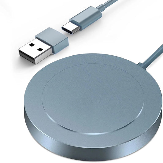 ALT text: Magnetic wireless charger attached to smartphone for fast charging